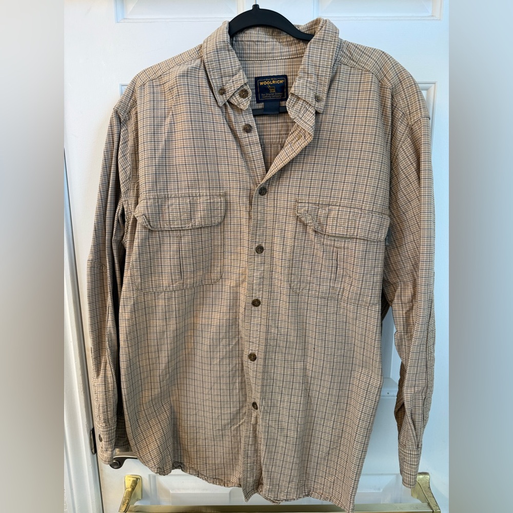 Woolrich Plaid Button-Up Shirt in Beige and Navy